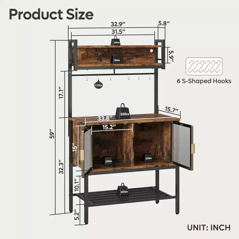 Bestier 5-Tier Microwave Stand with Storage Cabinets & LED; Kitchen Bakers Rack with Hutch & Hooks; 59 Coffee Bar Station with Open Storage Shelves
