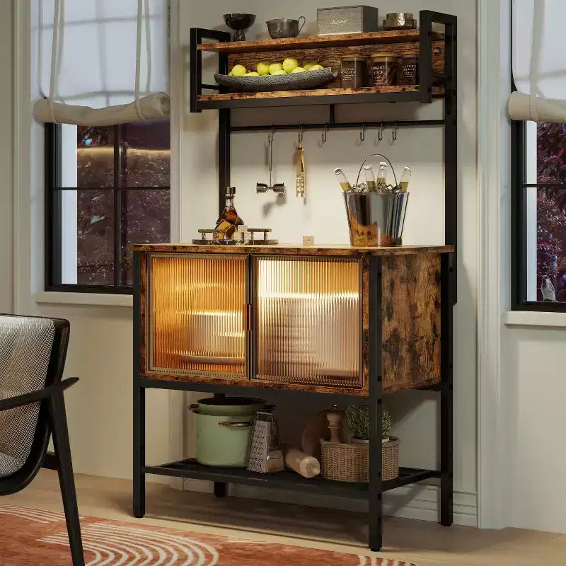 Bestier 5-Tier Microwave Stand with Storage Cabinets & LED; Kitchen Bakers Rack with Hutch & Hooks; 59 Coffee Bar Station with Open Storage Shelves