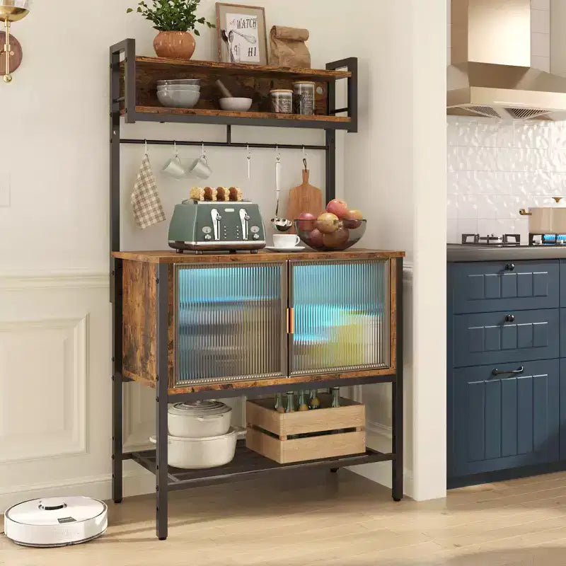 Bestier 5-Tier Microwave Stand with Storage Cabinets & LED; Kitchen Bakers Rack with Hutch & Hooks; 59 Coffee Bar Station with Open Storage Shelves