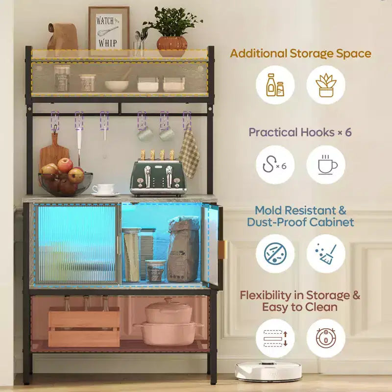 Bestier 5-Tier Microwave Stand with Storage Cabinets & LED; Kitchen Bakers Rack with Hutch & Hooks; 59 Coffee Bar Station with Open Storage Shelves
