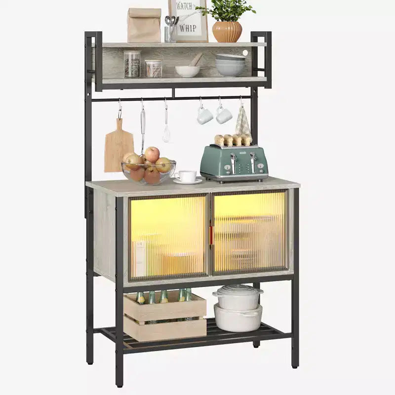 Bestier 5-Tier Microwave Stand with Storage Cabinets & LED; Kitchen Bakers Rack with Hutch & Hooks; 59 Coffee Bar Station with Open Storage Shelves