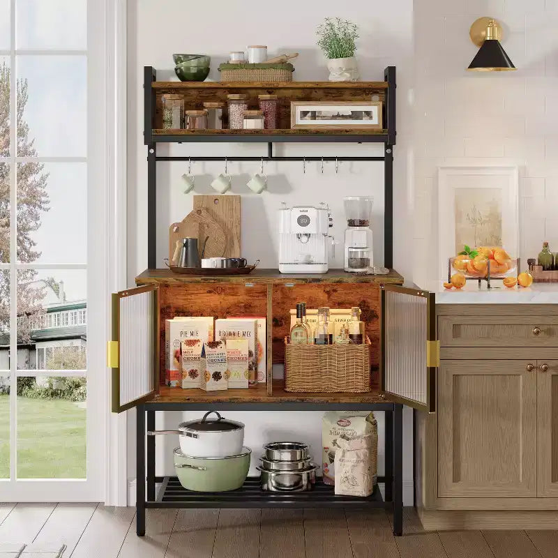 Bestier 5-Tier Microwave Stand with Storage Cabinets & LED; Kitchen Bakers Rack with Hutch & Hooks; 59 Coffee Bar Station with Open Storage Shelves