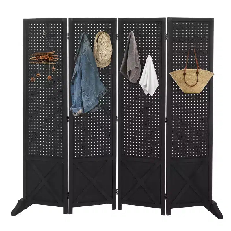 VINGLI 4 Panel Freestanding Pegboard with Feet; 5 FT Wood Room Divider Display Board; Partition Space Separator for Craft Shows Retail (Black)