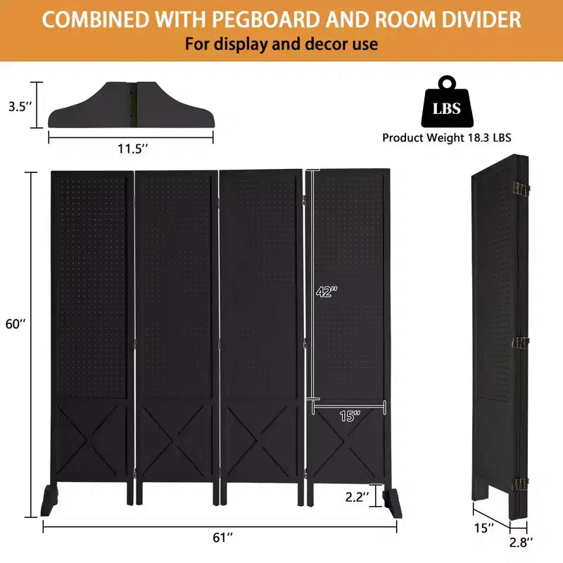 VINGLI 4 Panel Freestanding Pegboard with Feet; 5 FT Wood Room Divider Display Board; Partition Space Separator for Craft Shows Retail (Black)