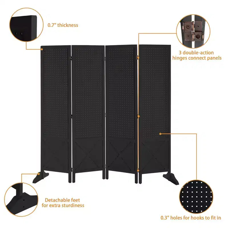 VINGLI 4 Panel Freestanding Pegboard with Feet; 5 FT Wood Room Divider Display Board; Partition Space Separator for Craft Shows Retail (Black)