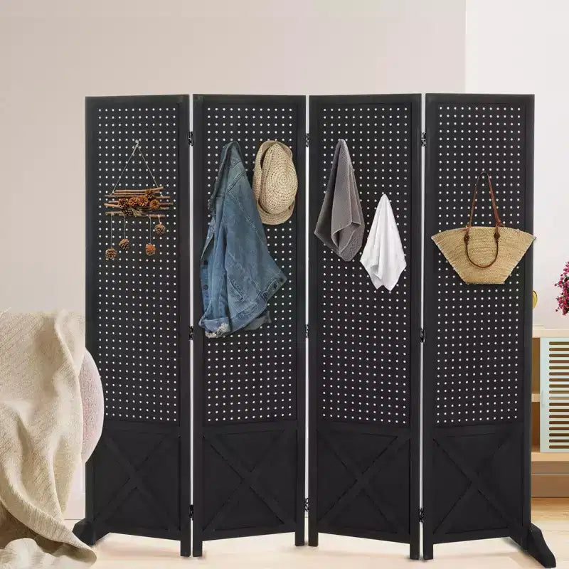 VINGLI 4 Panel Freestanding Pegboard with Feet; 5 FT Wood Room Divider Display Board; Partition Space Separator for Craft Shows Retail (Black)