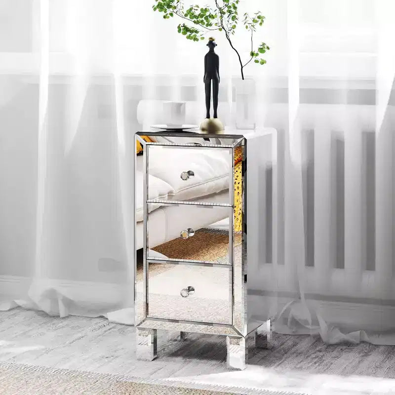 Bonnlo 3-Drawer Mirrored Nightstand End Table Bedside Table for Bedroom; Living Room; Silver; 11.7 L x 11.8 W x 23.8 H
