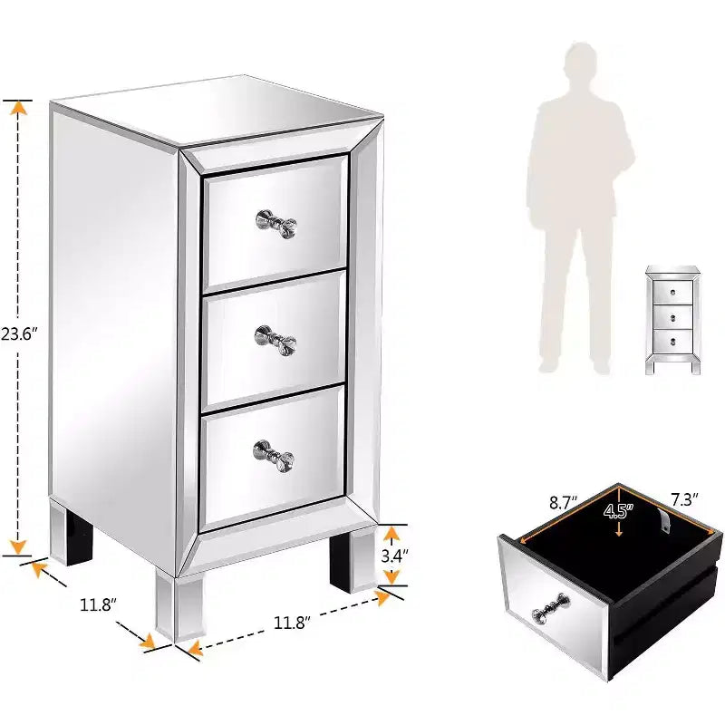 Bonnlo 3-Drawer Mirrored Nightstand End Table Bedside Table for Bedroom; Living Room; Silver; 11.7 L x 11.8 W x 23.8 H