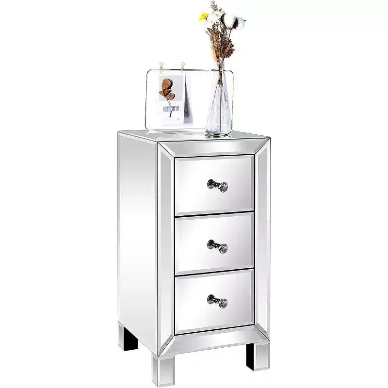Bonnlo 3-Drawer Mirrored Nightstand End Table Bedside Table for Bedroom; Living Room; Silver; 11.7 L x 11.8 W x 23.8 H
