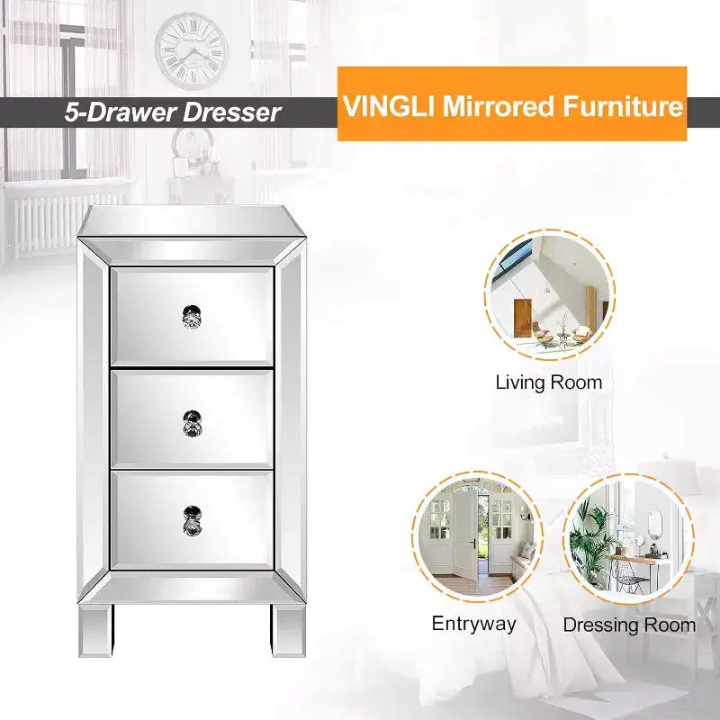Bonnlo 3-Drawer Mirrored Nightstand End Table Bedside Table for Bedroom; Living Room; Silver; 11.7 L x 11.8 W x 23.8 H