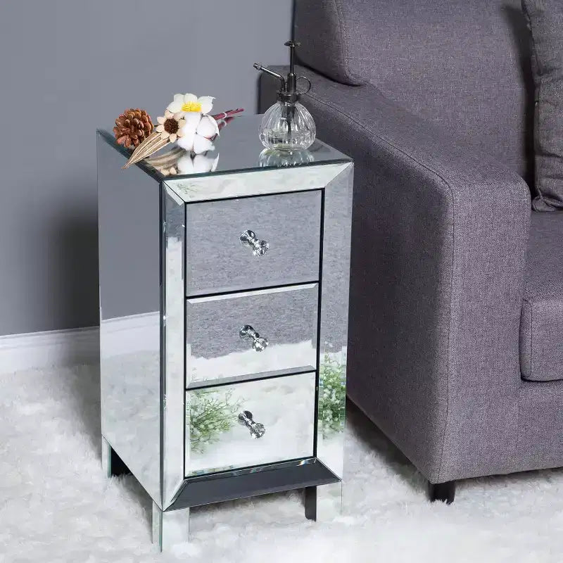 Bonnlo 3-Drawer Mirrored Nightstand End Table Bedside Table for Bedroom; Living Room; Silver; 11.7 L x 11.8 W x 23.8 H