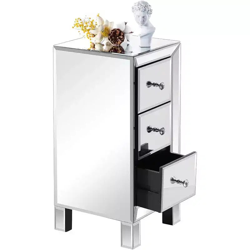 Bonnlo 3-Drawer Mirrored Nightstand End Table Bedside Table for Bedroom; Living Room; Silver; 11.7 L x 11.8 W x 23.8 H