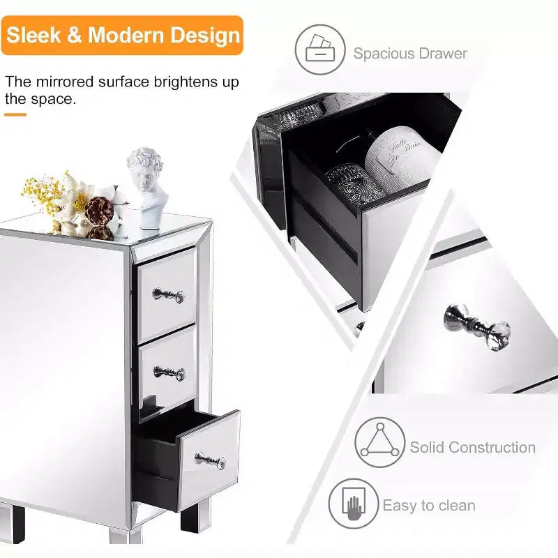 Bonnlo 3-Drawer Mirrored Nightstand End Table Bedside Table for Bedroom; Living Room; Silver; 11.7 L x 11.8 W x 23.8 H