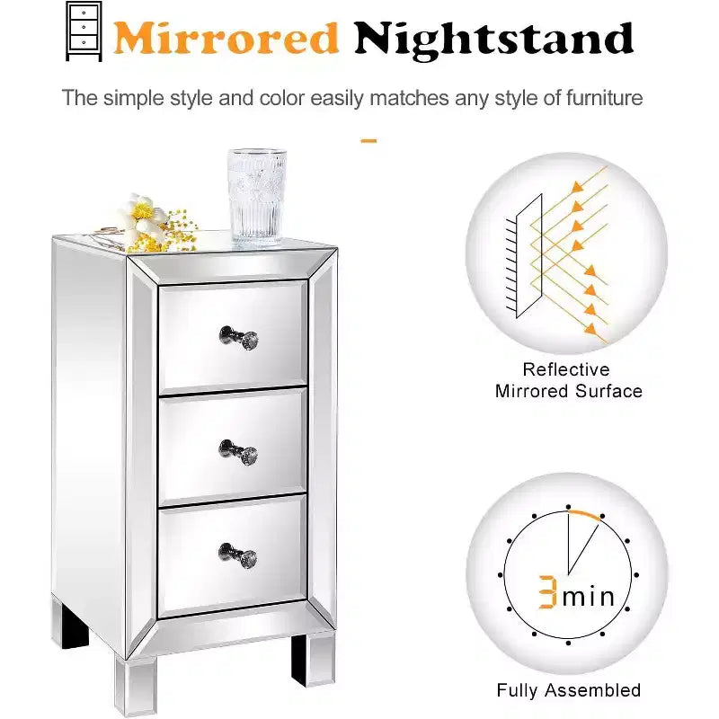 Bonnlo 3-Drawer Mirrored Nightstand End Table Bedside Table for Bedroom; Living Room; Silver; 11.7 L x 11.8 W x 23.8 H
