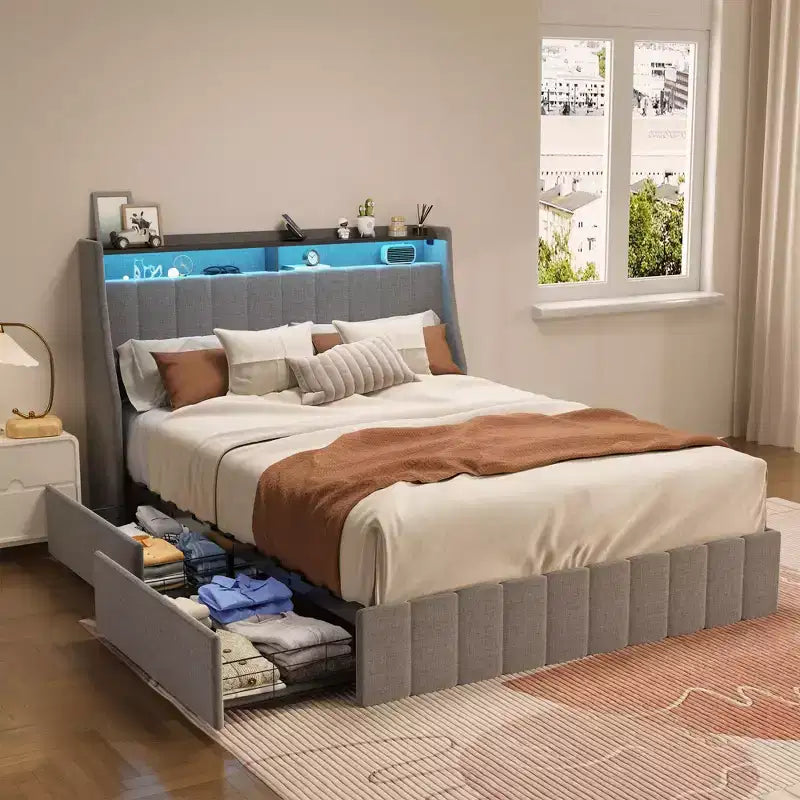 Metallic LED full-size bed frame; wing-shaped headboard + 4 drawers; a new multi-functional storage experience.