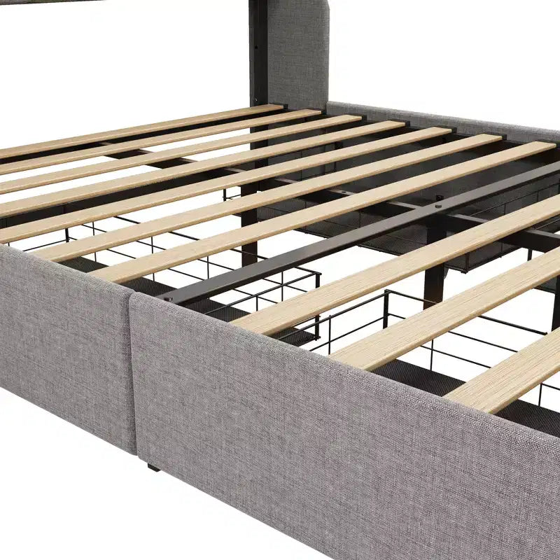 Metallic LED full-size bed frame; wing-shaped headboard + 4 drawers; a new multi-functional storage experience.