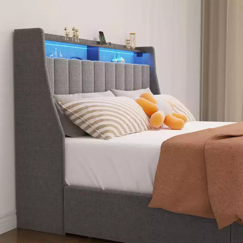 Metallic LED full-size bed frame; wing-shaped headboard + 4 drawers; a new multi-functional storage experience.