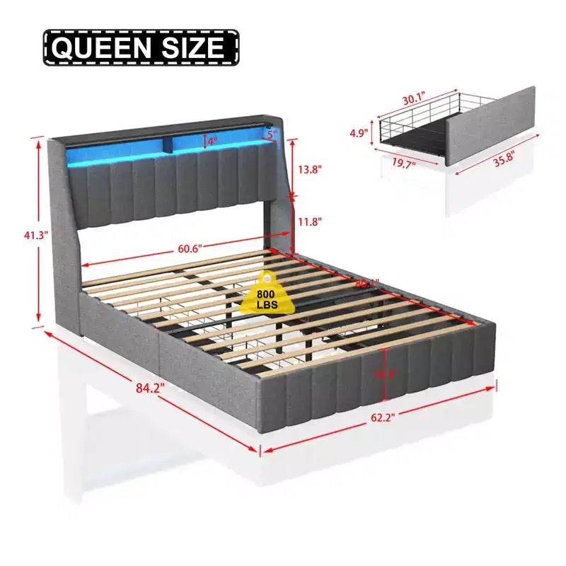 Metallic LED full-size bed frame; wing-shaped headboard + 4 drawers; a new multi-functional storage experience.