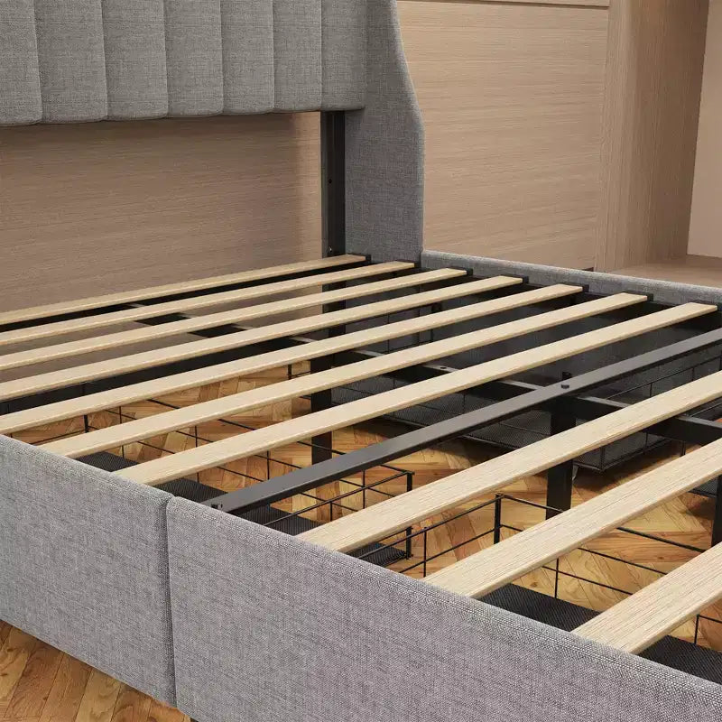 Metallic LED full-size bed frame; wing-shaped headboard + 4 drawers; a new multi-functional storage experience.
