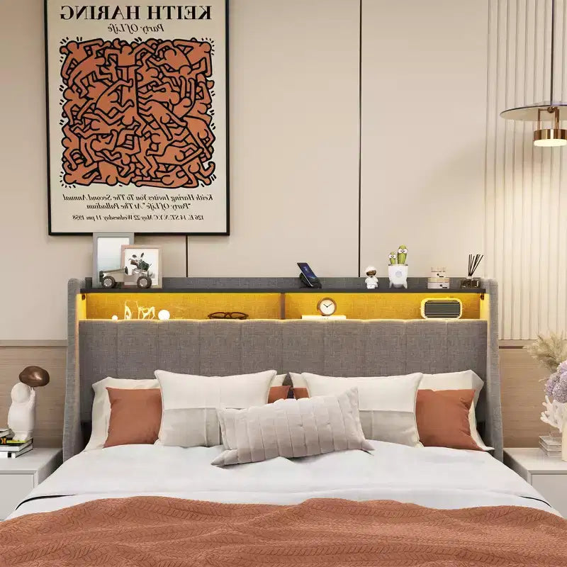 Metallic LED full-size bed frame; wing-shaped headboard + 4 drawers; a new multi-functional storage experience.