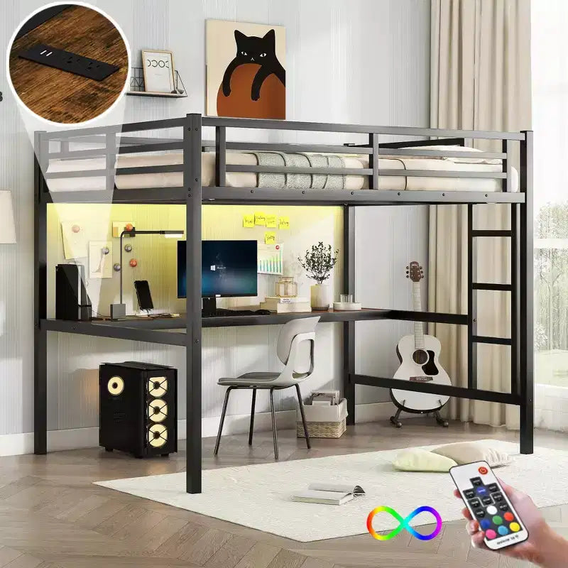 Bellemave Full Size Metal Loft Bed with Desk; Power Outlet; USB Port & LED Lights; Space-Saving Study Bed with Safety Guardrails; Black