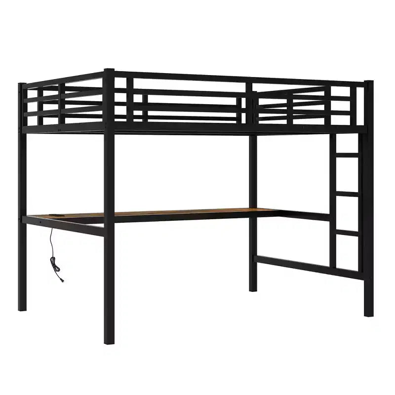 Bellemave Full Size Metal Loft Bed with Desk; Power Outlet; USB Port & LED Lights; Space-Saving Study Bed with Safety Guardrails; Black