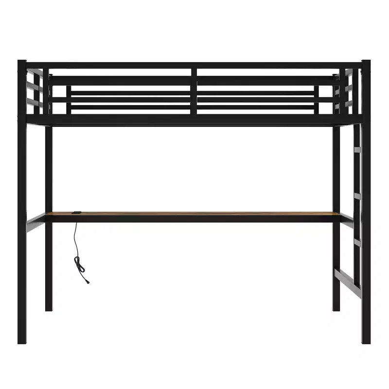 Bellemave Full Size Metal Loft Bed with Desk; Power Outlet; USB Port & LED Lights; Space-Saving Study Bed with Safety Guardrails; Black