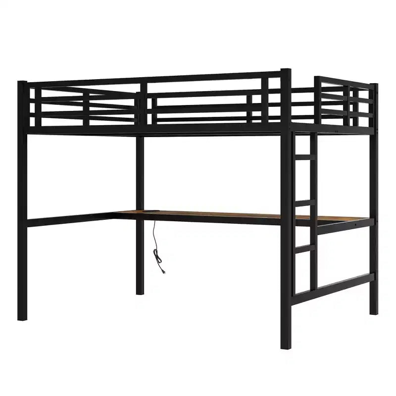 Bellemave Full Size Metal Loft Bed with Desk; Power Outlet; USB Port & LED Lights; Space-Saving Study Bed with Safety Guardrails; Black