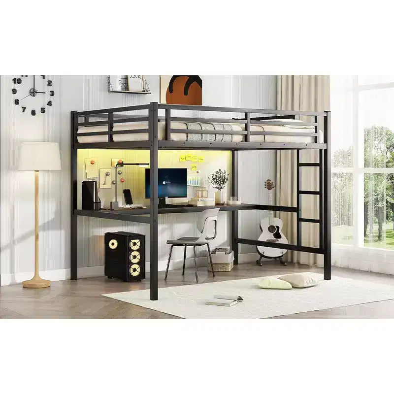 Bellemave Full Size Metal Loft Bed with Desk; Power Outlet; USB Port & LED Lights; Space-Saving Study Bed with Safety Guardrails; Black