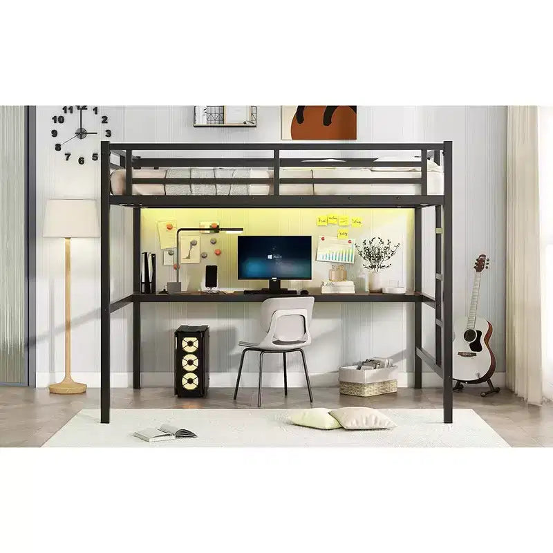 Bellemave Full Size Metal Loft Bed with Desk; Power Outlet; USB Port & LED Lights; Space-Saving Study Bed with Safety Guardrails; Black