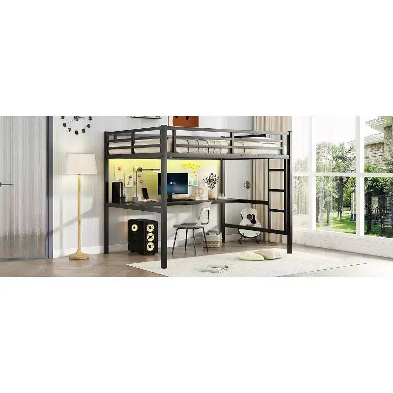 Bellemave Full Size Metal Loft Bed with Desk; Power Outlet; USB Port & LED Lights; Space-Saving Study Bed with Safety Guardrails; Black