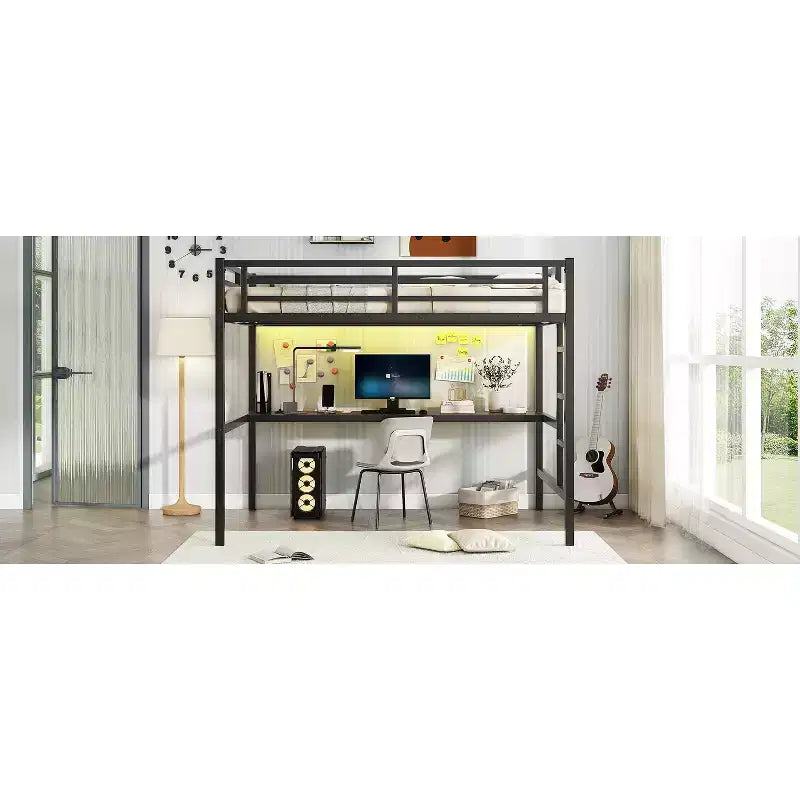 Bellemave Full Size Metal Loft Bed with Desk; Power Outlet; USB Port & LED Lights; Space-Saving Study Bed with Safety Guardrails; Black
