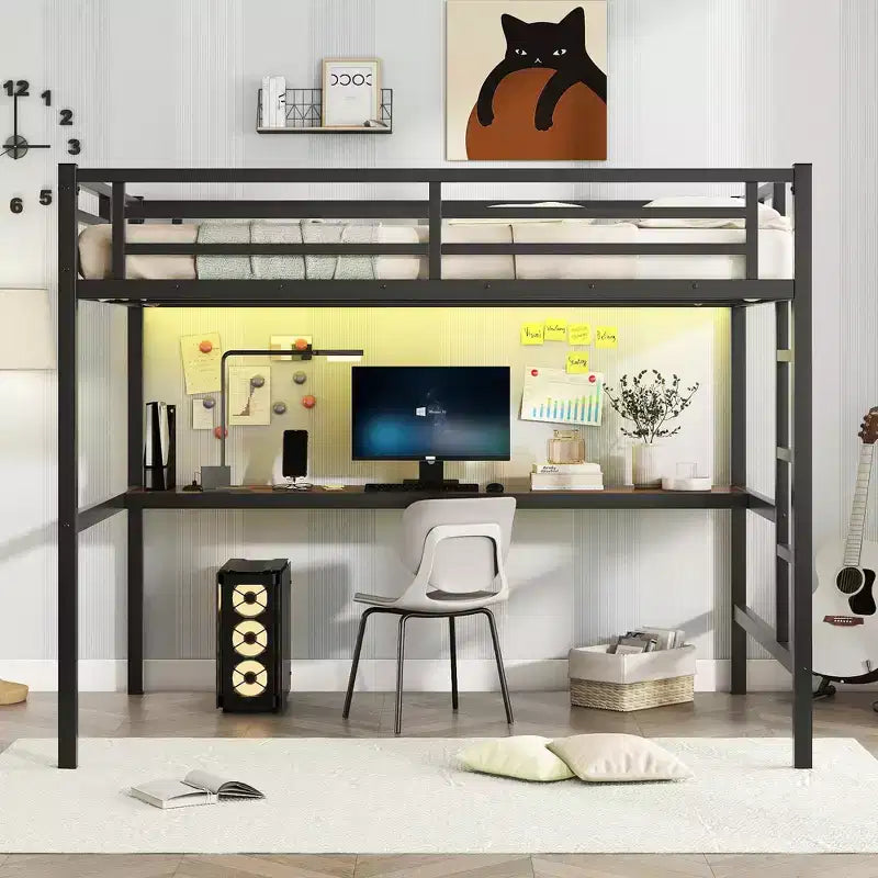 Bellemave Full Size Metal Loft Bed with Desk; Power Outlet; USB Port & LED Lights; Space-Saving Study Bed with Safety Guardrails; Black