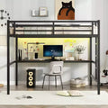 Bellemave Full Size Metal Loft Bed with Desk; Power Outlet; USB Port & LED Lights; Space-Saving Study Bed with Safety Guardrails; Black