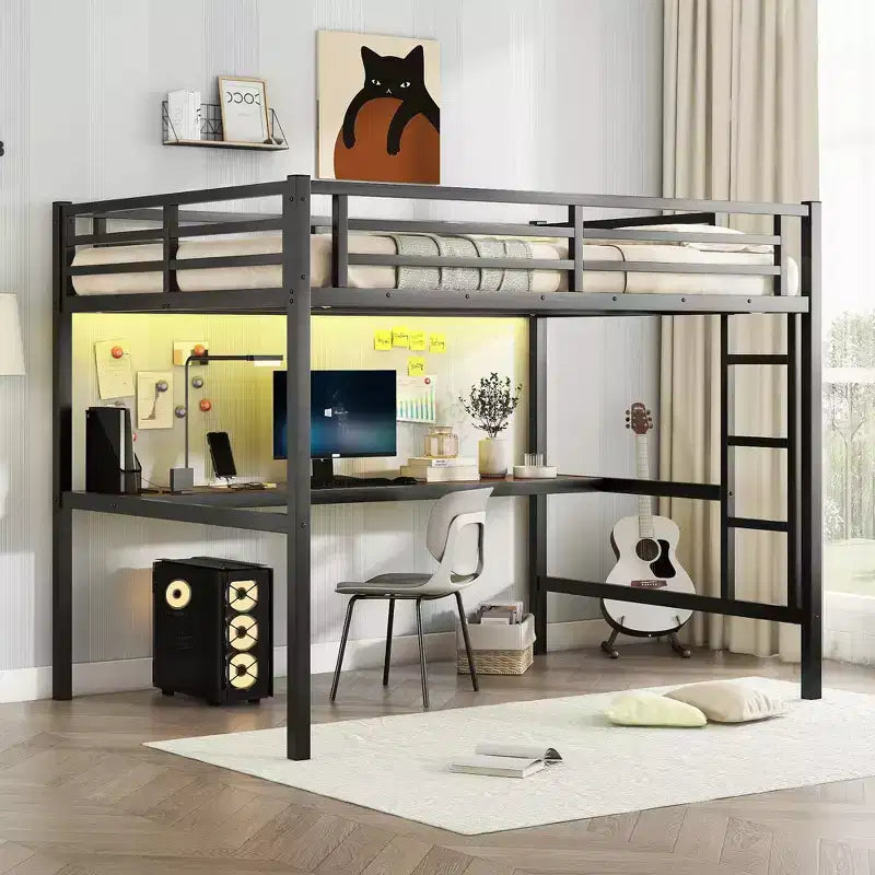 Bellemave Full Size Metal Loft Bed with Desk; Power Outlet; USB Port & LED Lights; Space-Saving Study Bed with Safety Guardrails; Black