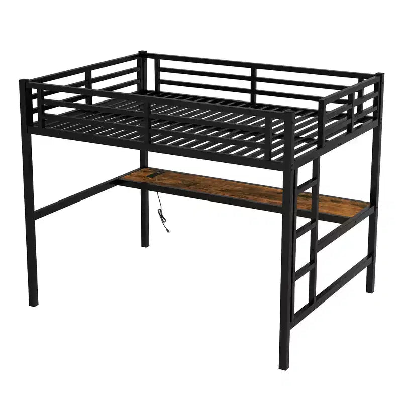 Bellemave Full Size Metal Loft Bed with Desk; Power Outlet; USB Port & LED Lights; Space-Saving Study Bed with Safety Guardrails; Black
