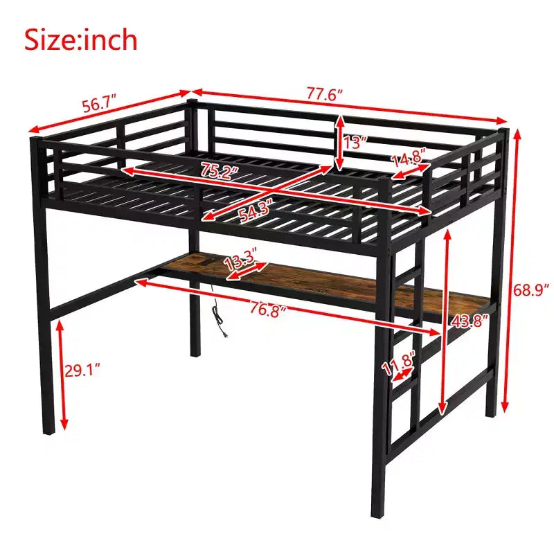 Bellemave Full Size Metal Loft Bed with Desk; Power Outlet; USB Port & LED Lights; Space-Saving Study Bed with Safety Guardrails; Black