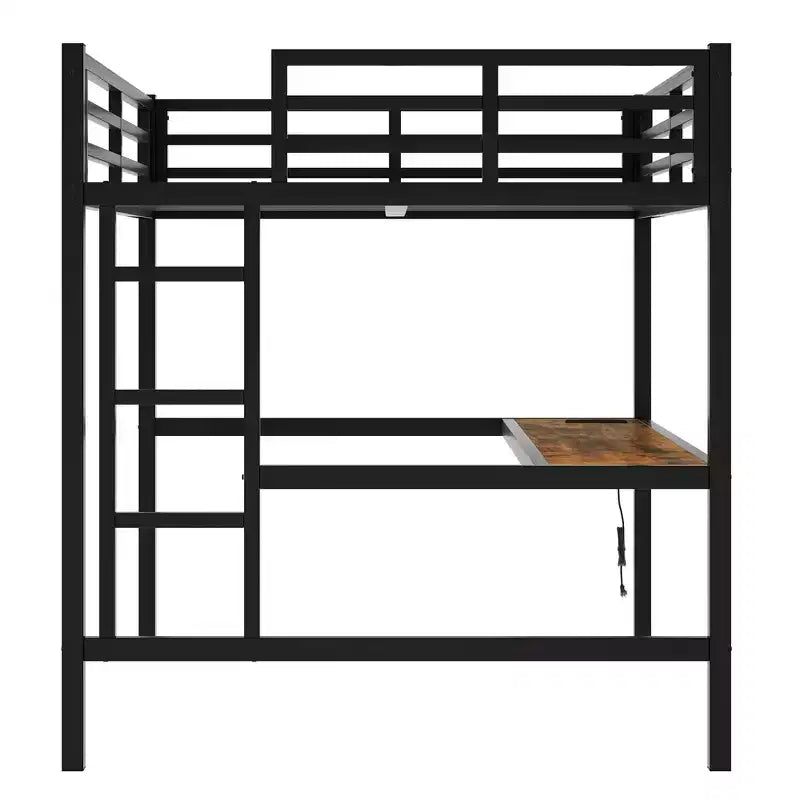 Bellemave Full Size Metal Loft Bed with Desk; Power Outlet; USB Port & LED Lights; Space-Saving Study Bed with Safety Guardrails; Black