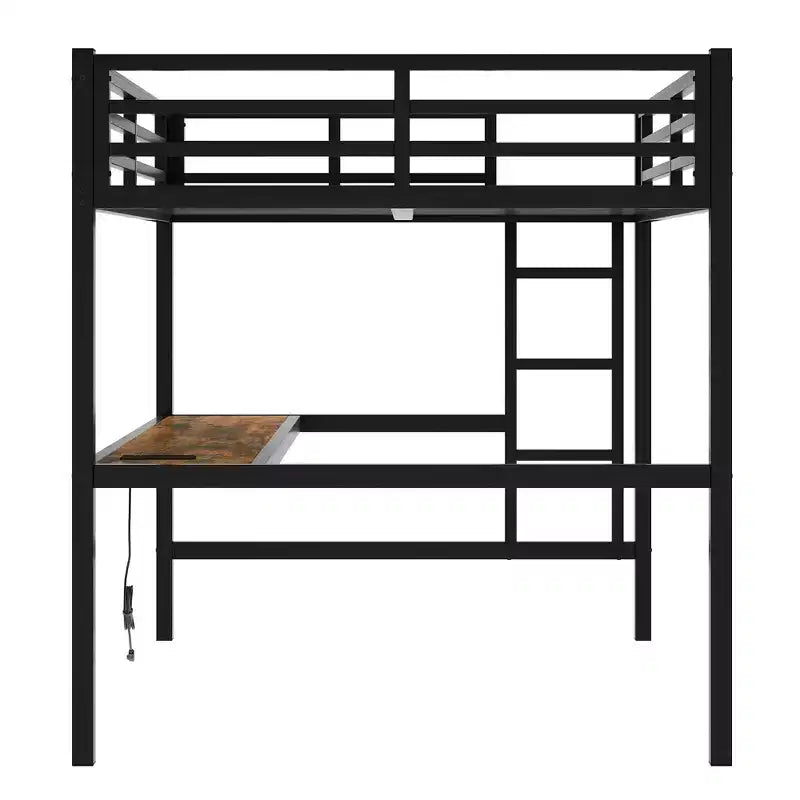 Bellemave Full Size Metal Loft Bed with Desk; Power Outlet; USB Port & LED Lights; Space-Saving Study Bed with Safety Guardrails; Black