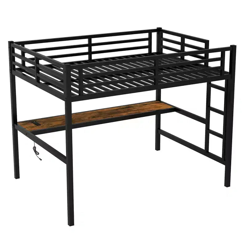 Bellemave Full Size Metal Loft Bed with Desk; Power Outlet; USB Port & LED Lights; Space-Saving Study Bed with Safety Guardrails; Black