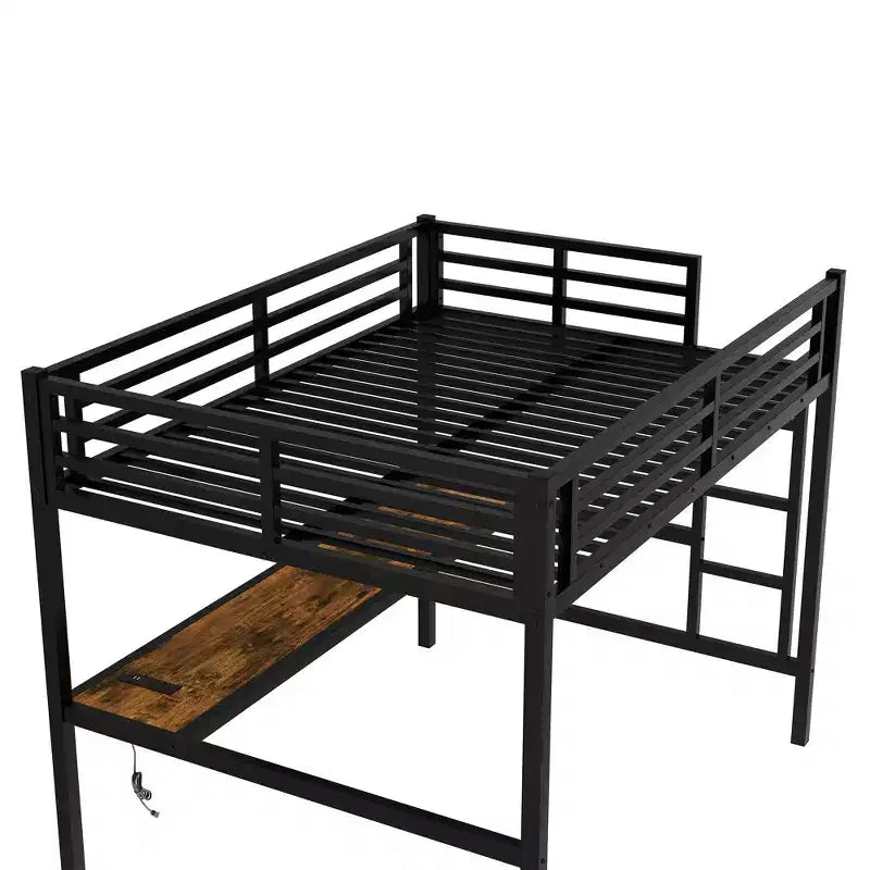 Bellemave Full Size Metal Loft Bed with Desk; Power Outlet; USB Port & LED Lights; Space-Saving Study Bed with Safety Guardrails; Black