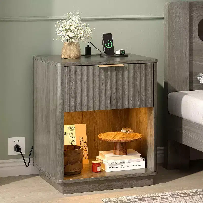 VINGLI Night Stand with Charging Station & Led Light; 19 W Fluted Nightstand Round Edge