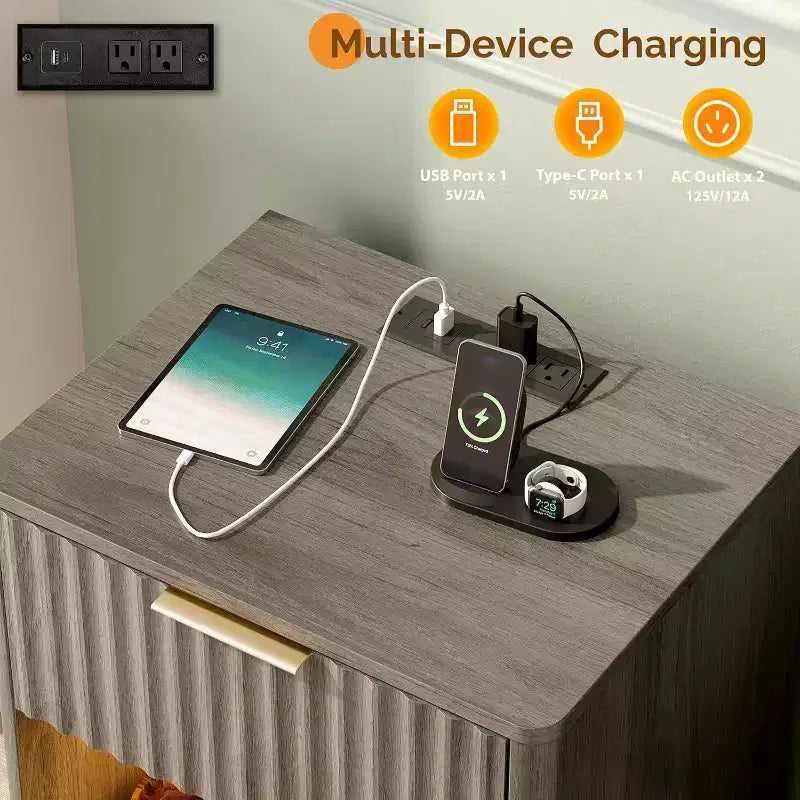 VINGLI Night Stand with Charging Station & Led Light; 19 W Fluted Nightstand Round Edge