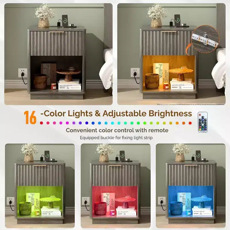 VINGLI Night Stand with Charging Station & Led Light; 19 W Fluted Nightstand Round Edge