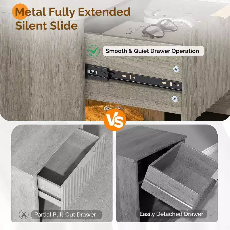 VINGLI Night Stand with Charging Station & Led Light; 19 W Fluted Nightstand Round Edge