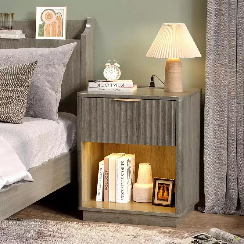 VINGLI Night Stand with Charging Station & Led Light; 19 W Fluted Nightstand Round Edge