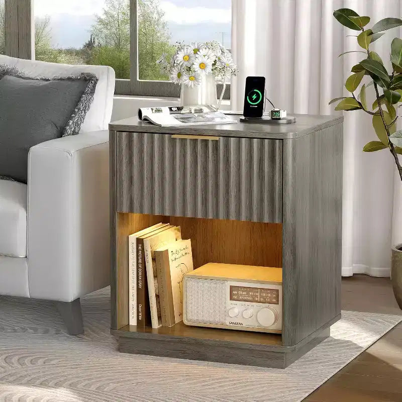 VINGLI Night Stand with Charging Station & Led Light; 19 W Fluted Nightstand Round Edge
