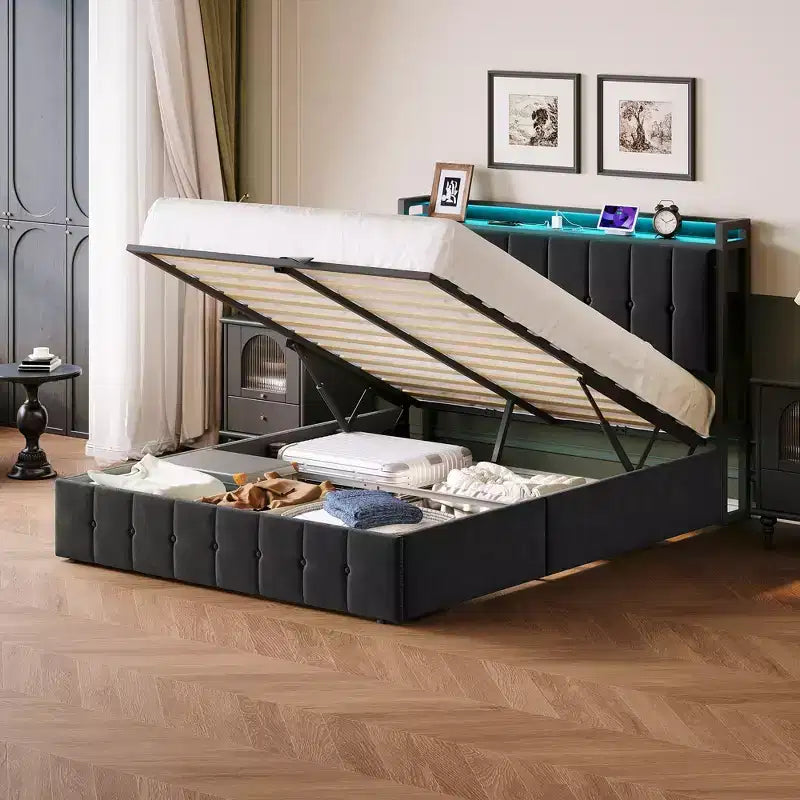 COZONY Upholstered Velvet Bed Frame with Lift-Up Storage & LED Lights; Storage Headboard with Charging Station Metal Platform Bed