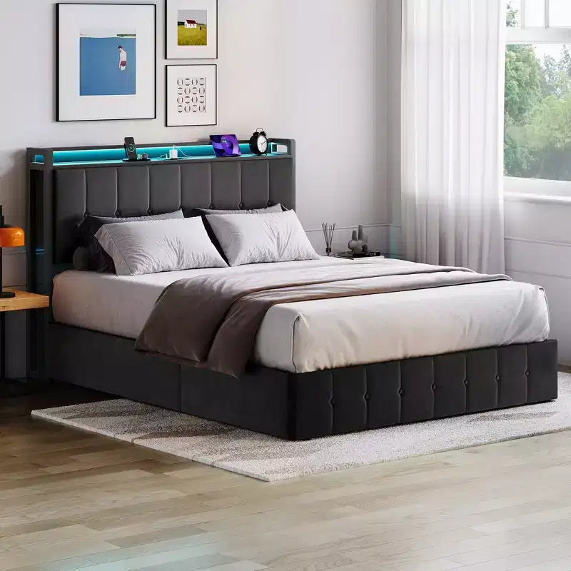 COZONY Upholstered Velvet Bed Frame with Lift-Up Storage & LED Lights; Storage Headboard with Charging Station Metal Platform Bed