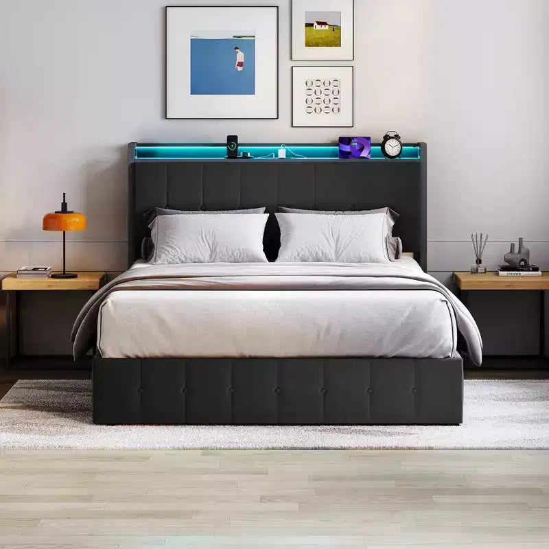 COZONY Upholstered Velvet Bed Frame with Lift-Up Storage & LED Lights; Storage Headboard with Charging Station Metal Platform Bed